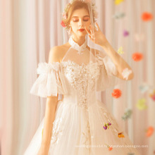 Floor Length New Winter Fairy Princess Wedding Dress Halter Puffy Sleeves Luxury Hand made beaded bridal dress wedding